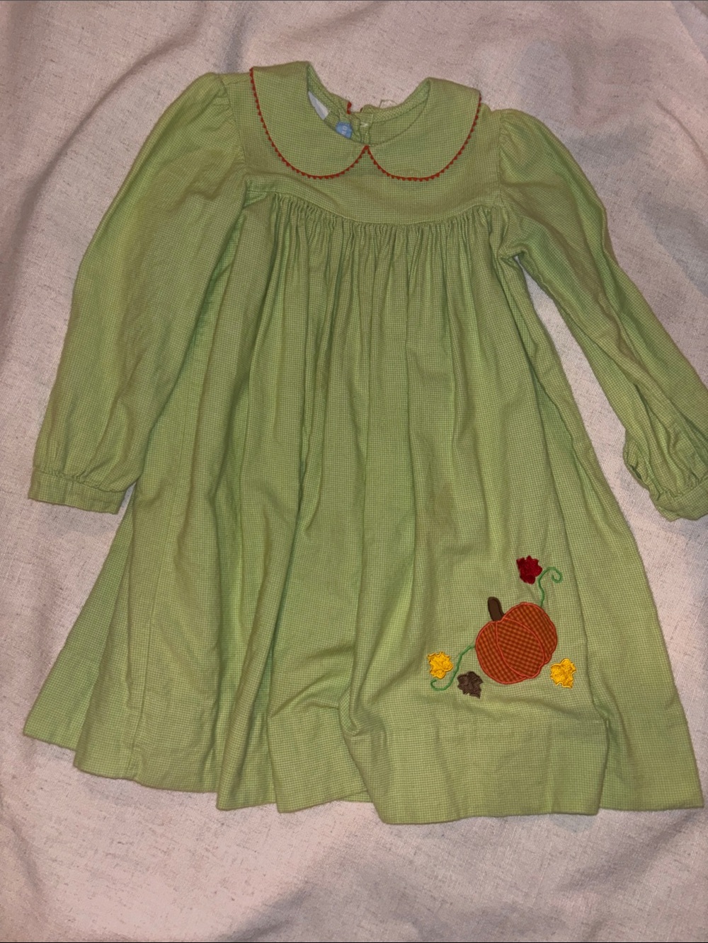 Long-Sleeve Light Green Pumpkin Embroidered Kids Dress